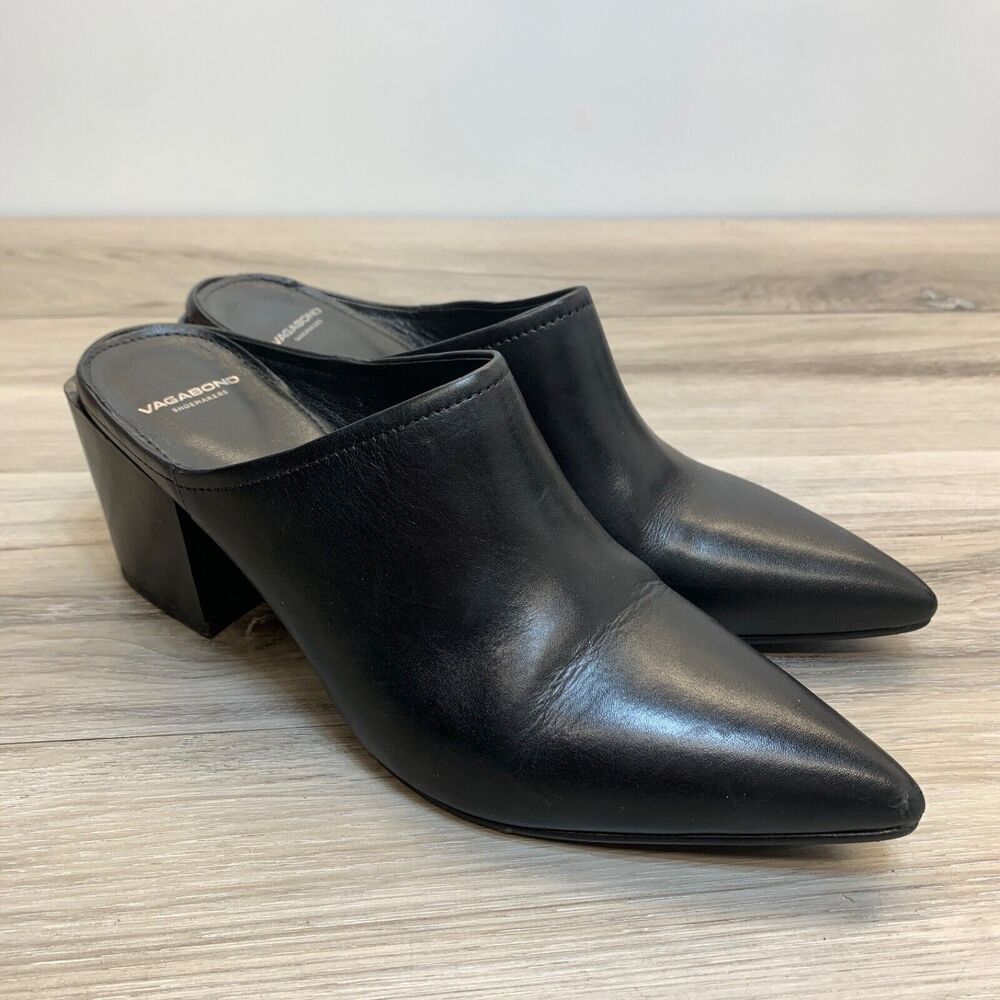 Vagabond Adrianna Black Leather Pumps Point Toe Heeled Mules Womens Size 39 US 9